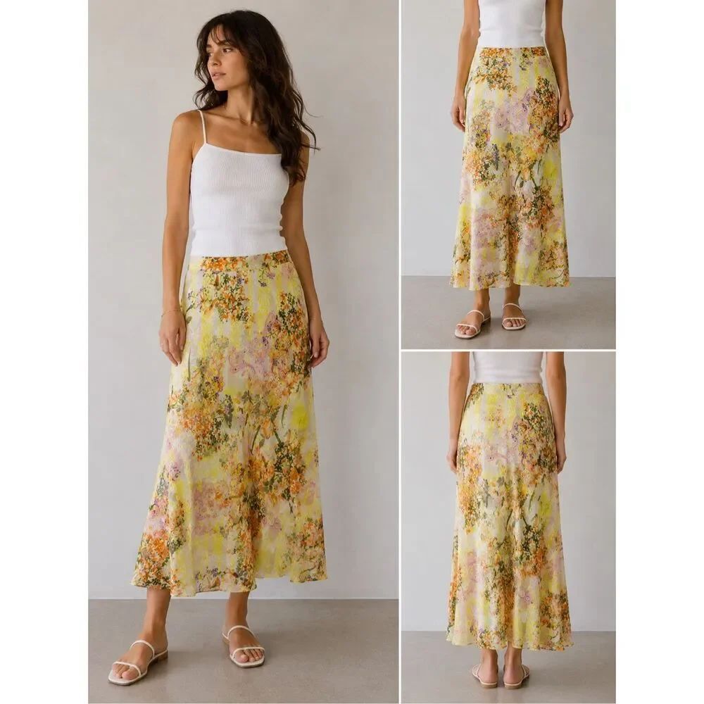 Flint & Moss Bohemian Floral A-Line Midi Skirt Women’s Sz M Yellow Orange Lined